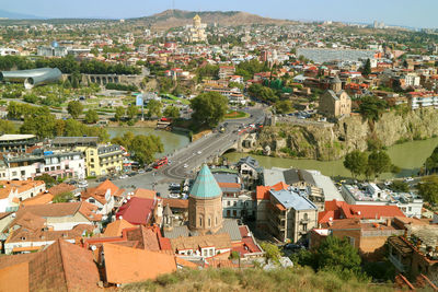 High angle view of townscape against buildings in town