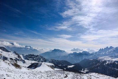 Scenic view of snowcapped mountains against sky