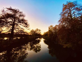 Reflection of trees in lake against sky at sunset