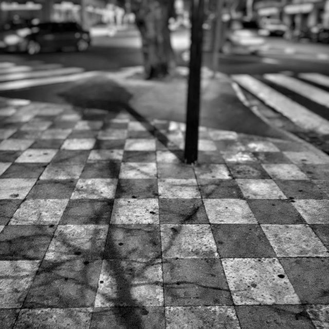 street, cobblestone, sidewalk, paving stone, footpath, pavement, focus on foreground, outdoors, incidental people, day, transportation, road, close-up, selective focus, pattern, walkway, tiled floor, sunlight, no people, city