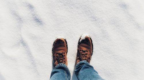 Low section of man standing on snow