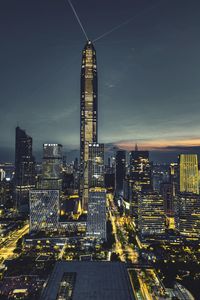 High angle view of illuminated buildings against sky