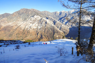 Scenic view of snowcapped mountains against sky