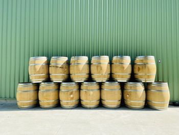 Stack of wooden wine barrels