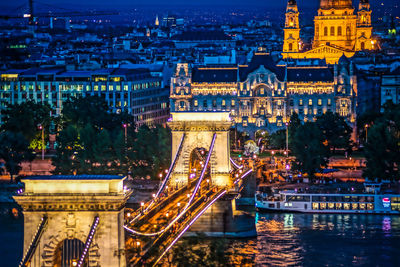 Illuminated buildings in city at night