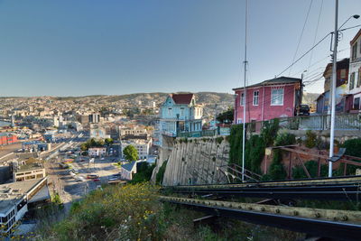 High angle view of buildings against clear blue sky