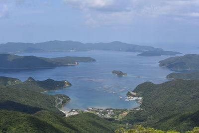 Scenic view of sea and mountains against sky