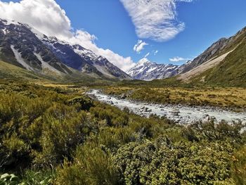 Scenic view of snowcapped mountains against sky