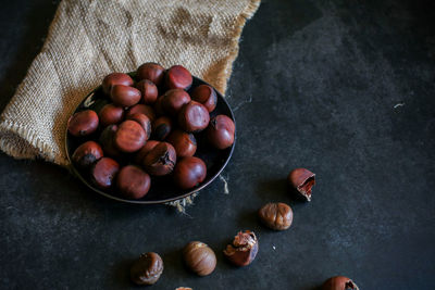 High angle view of blueberries on table