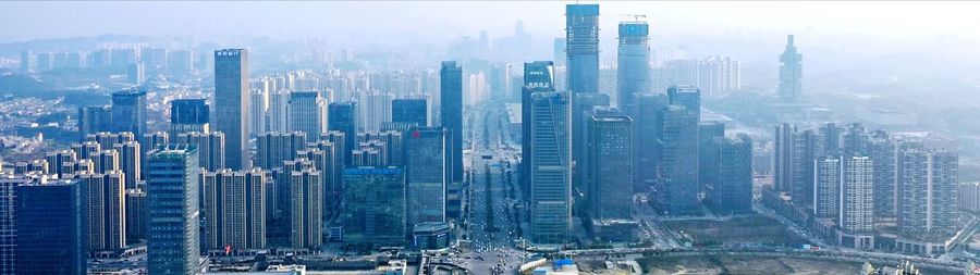 High angle view of modern buildings in city