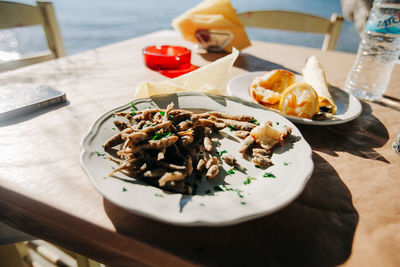 High angle view of food served on table