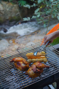 High angle view of meat on barbecue grill