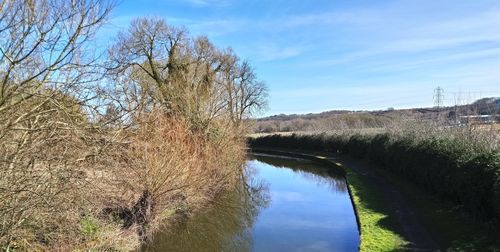 Reflection of bare trees on river against sky