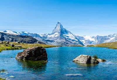 Scenic view of lake and snowcapped mountains against sky