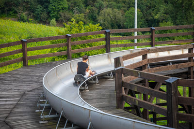 Rear view of boy on railing against trees