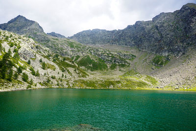 Scenic view of lake by mountains against sky