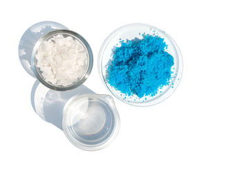 High angle view of eggs against white background