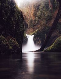 Scenic view of waterfall against sky