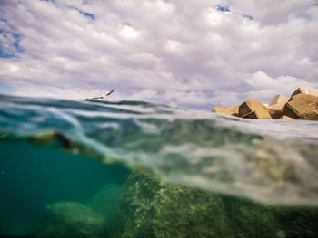 Surface level of rocks in sea against sky