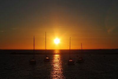 Silhouette sailboats in sea against sky during sunset