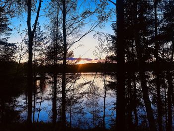 Silhouette trees by lake against sky during sunset