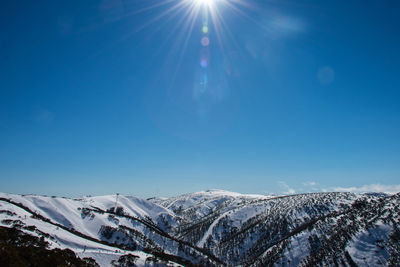 Scenic view of snowcapped mountains against blue sky