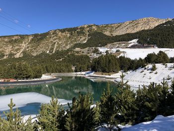 Scenic view of lake by mountains against clear sky