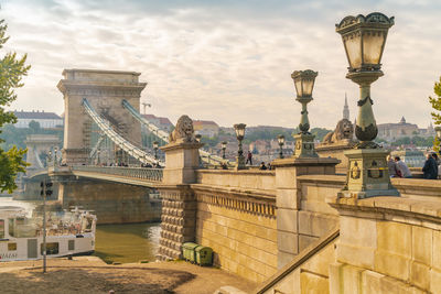 The chain bridge early morning on the danube and the castle buda