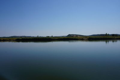 Scenic view of calm lake against clear sky