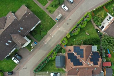 High angle view of buildings in city