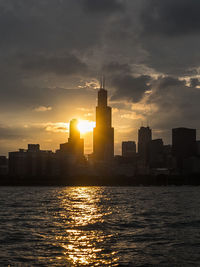 City at waterfront during sunset
