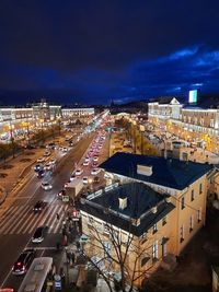 High angle view of city street at night