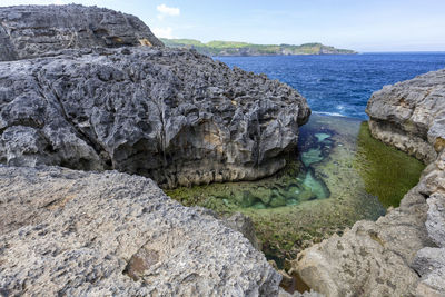 Rocks on sea shore against sky