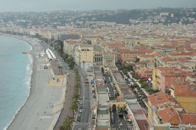 High angle view of street amidst buildings in city