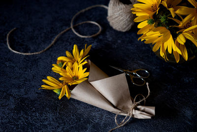 High angle view of christmas decorations on table