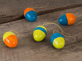 Close-up of multi colored balls on table