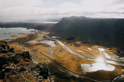 High angle view of lake and river against sky