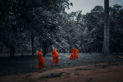 Rear view of people walking in forest