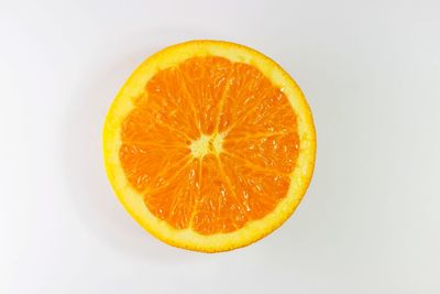 Close-up of orange slice against white background