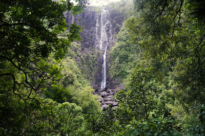 Low angle view of waterfall against sky