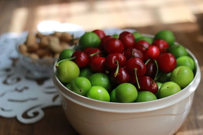 High angle view of fruits in bowl on table