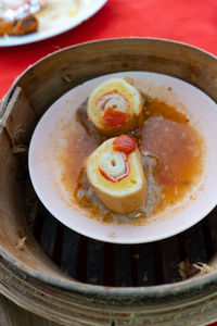 High angle view of soup in bowl on table