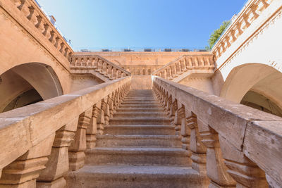 Low angle view of staircase in building against clear sky