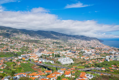 High angle shot of townscape against sky