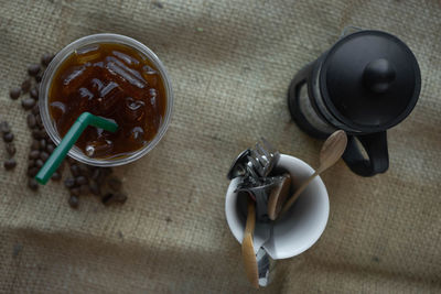 High angle view of drink on table