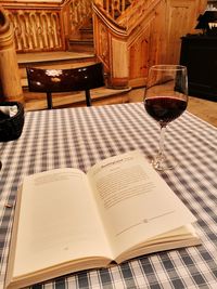 High angle view of wine glasses on table