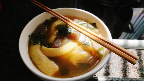 Close-up of soup in bowl on table