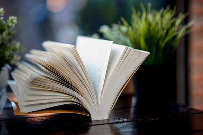 Close-up of open book on table