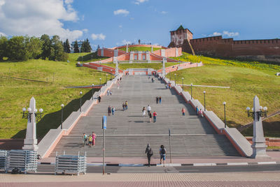 Group of people in front of historical building