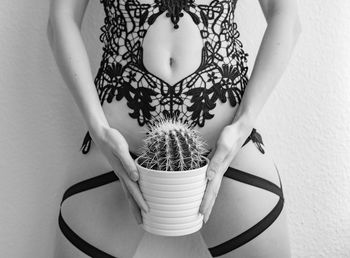 Midsection of sensuous woman holding potted cactus by wall